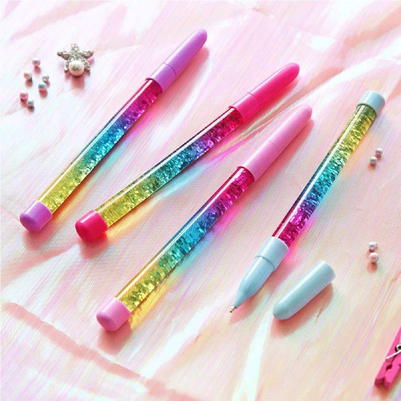 queenland 4 Pack Bling Rainbow Liquid Sand Gel Ink Pen Glitter Fairy Stick Ballpoint Pen Crystal Pens Rollerball Pens Student Pens for Kids Girls Gift Stationery School Office Supplies (Blue Ink) - Image 4